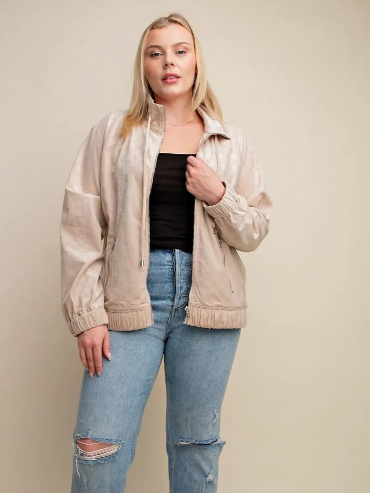 Gretta Checkered Velvet Bomber Jacket - Taupe - PLUS