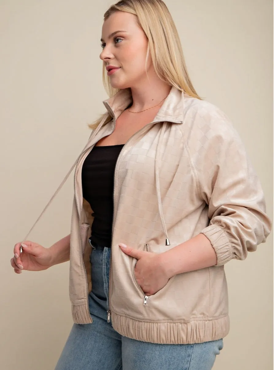 Gretta Checkered Velvet Bomber Jacket - Taupe - PLUS