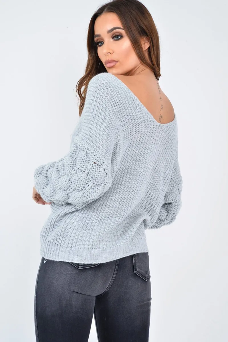 Grey Chunky Knit Plunge Sleeve Detail Jumper - Laelle