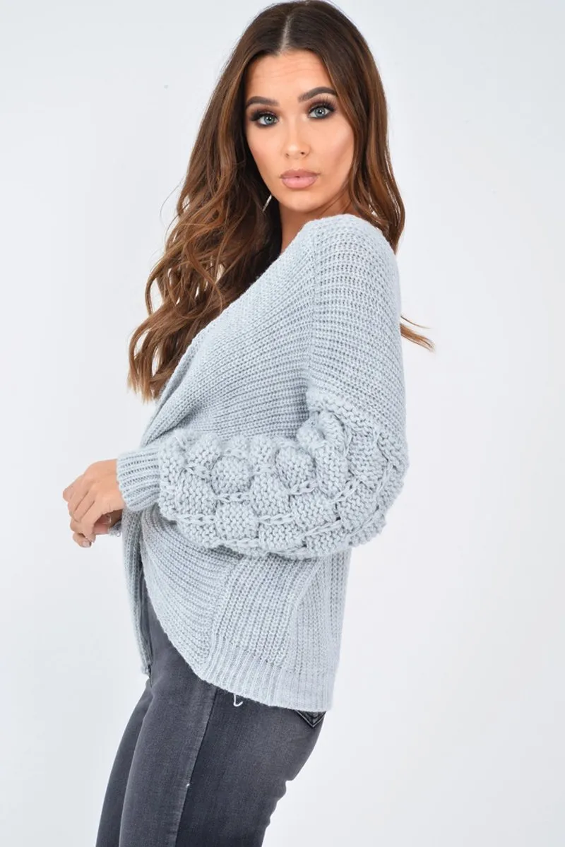 Grey Chunky Knit Plunge Sleeve Detail Jumper - Laelle