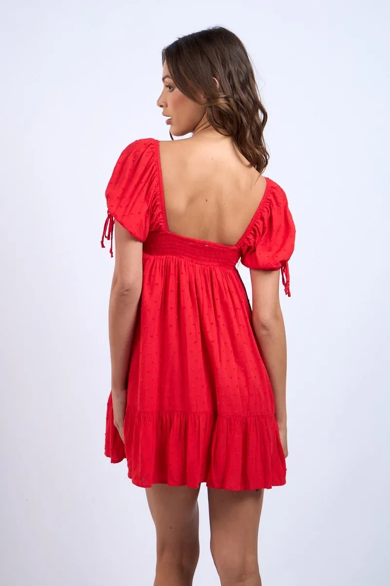 Harleigh Red Puff Sleeve Babydoll Mini Dress