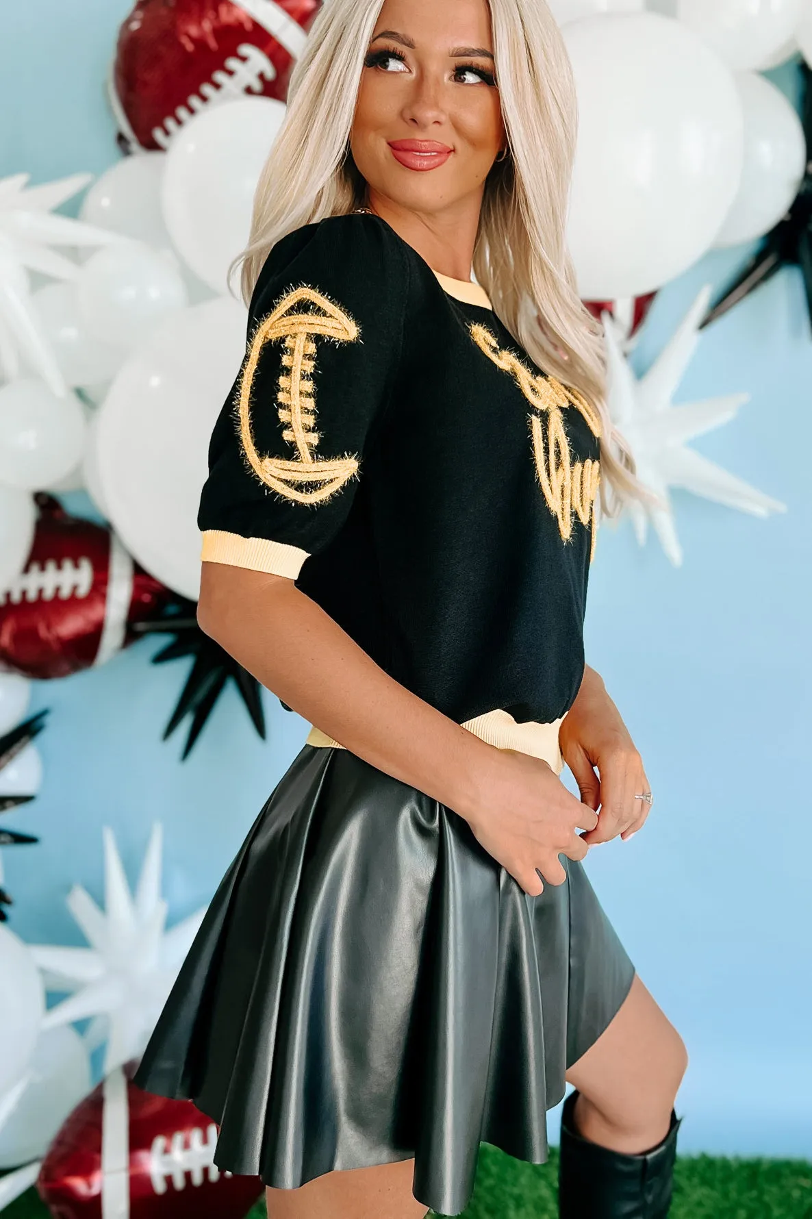 Headed To The Stadium Fuzzy Metallic Graphic Sweater (Black/Gold)