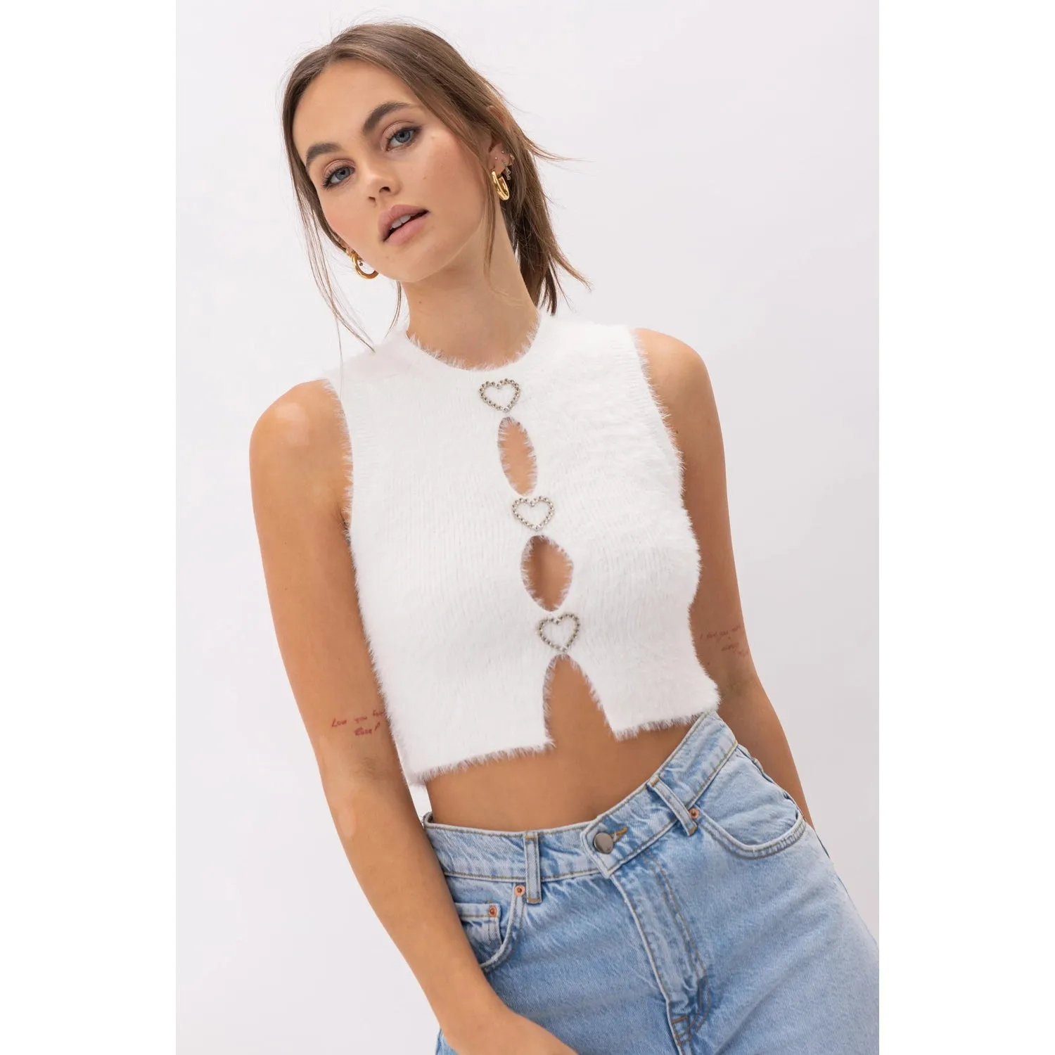 Heart Jewel Peekaboo Fuzzy Crop Top