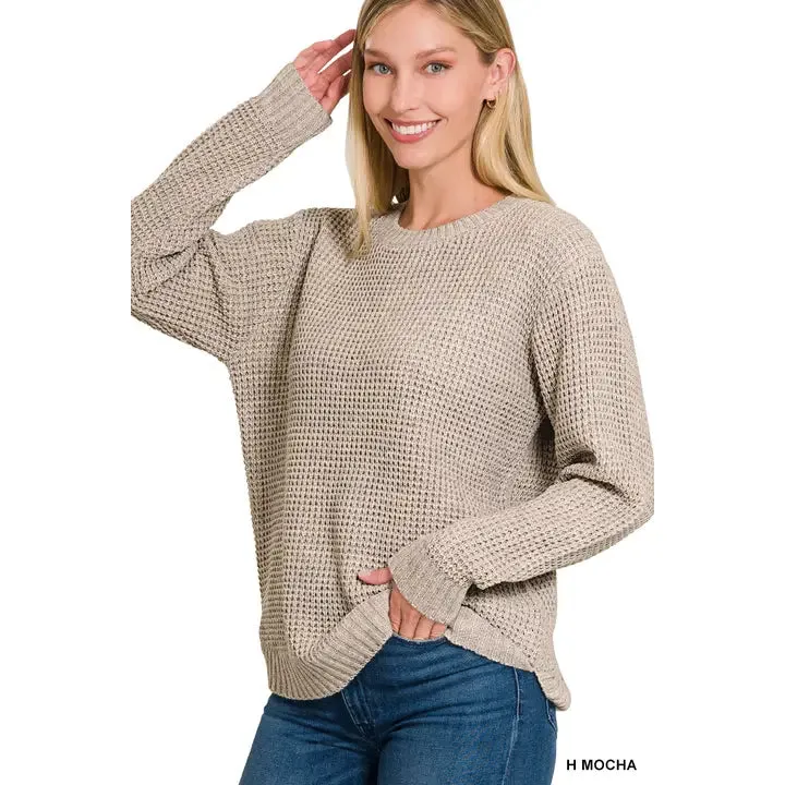 Hi-Low Long Sleeve Round Neck Waffle Sweater in Mocha