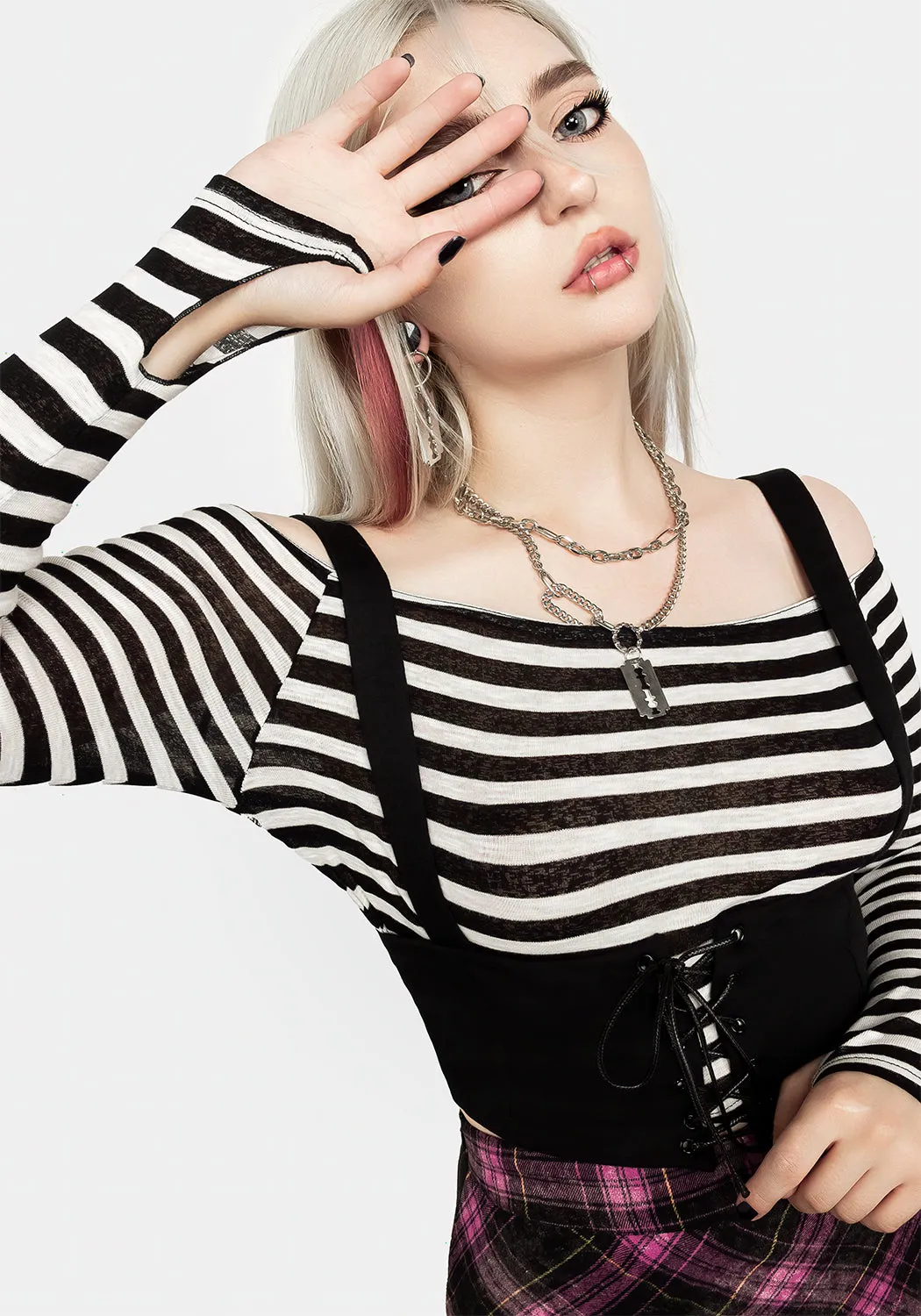 Ignorance Corset Lace Up Stripe Top