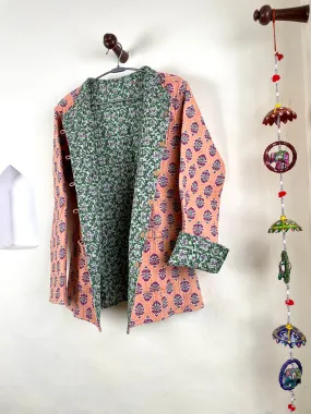 Indian Handmade Quilted Cotton Fabric Jacket Stylish Peach & Green Floral Women's Coat, Reversible Waistcoat for Her