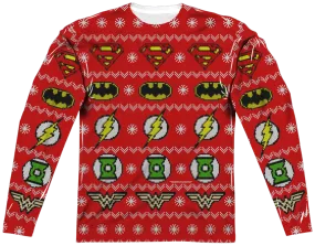 Justice League Sublimated Ugly Faux Christmas Sweater Long Sleeve Tee