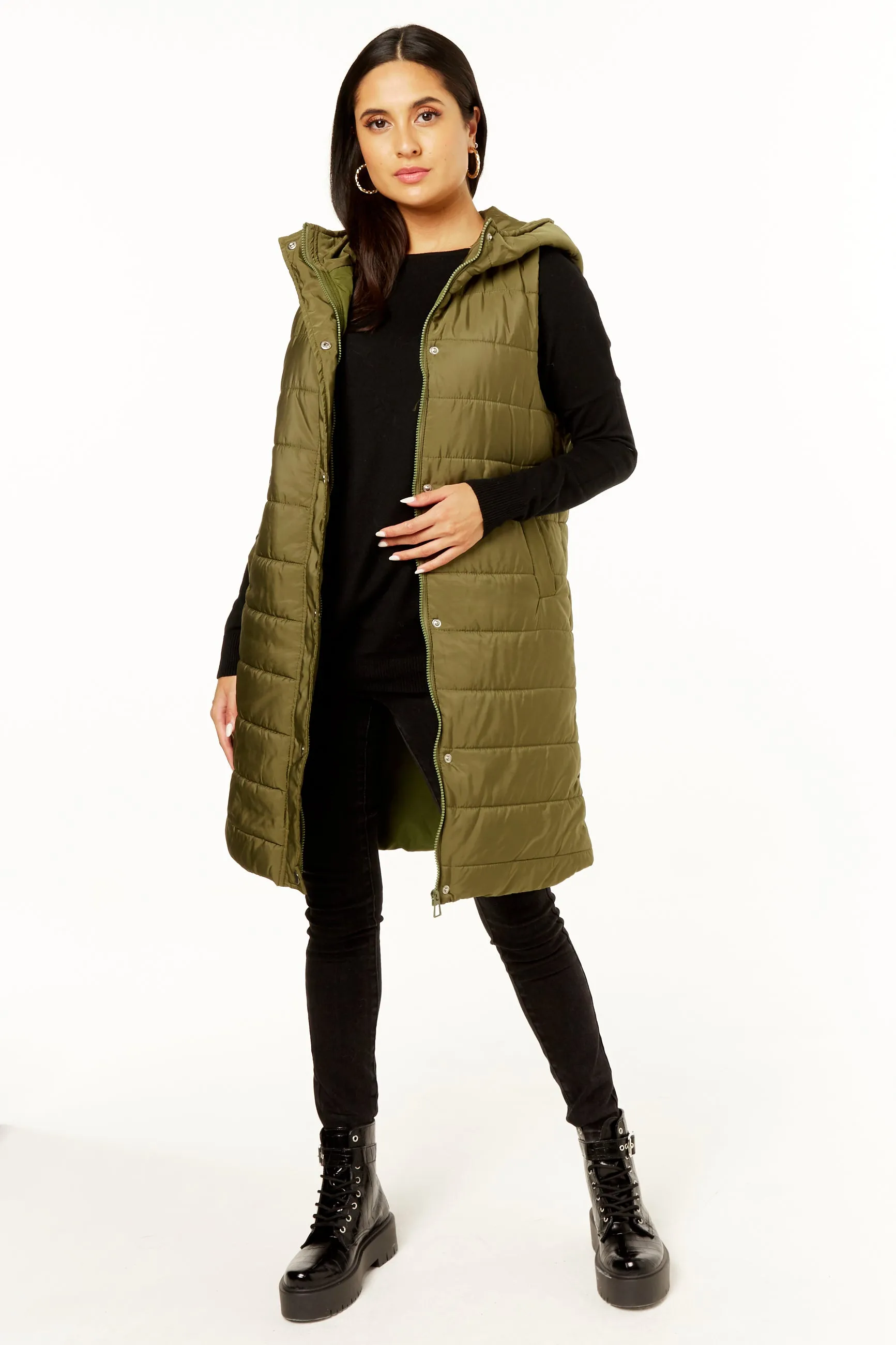 Khaki Longline Padded Hooded Gilet