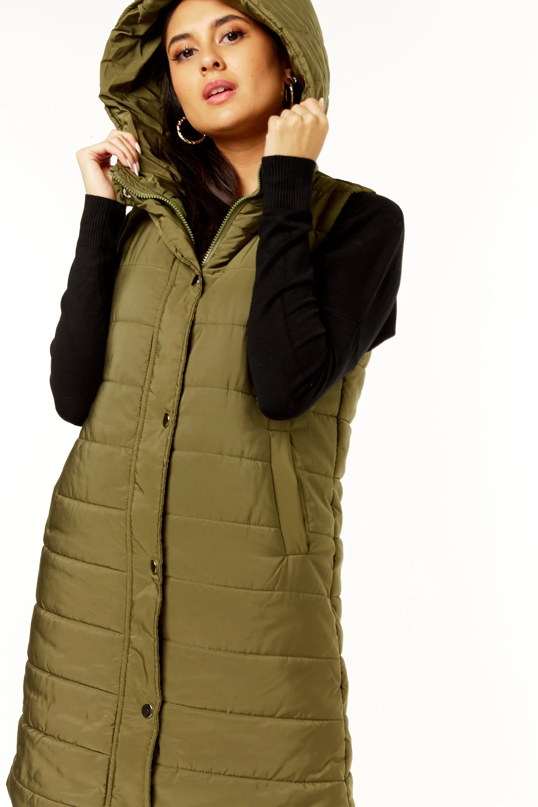 Khaki Longline Padded Hooded Gilet