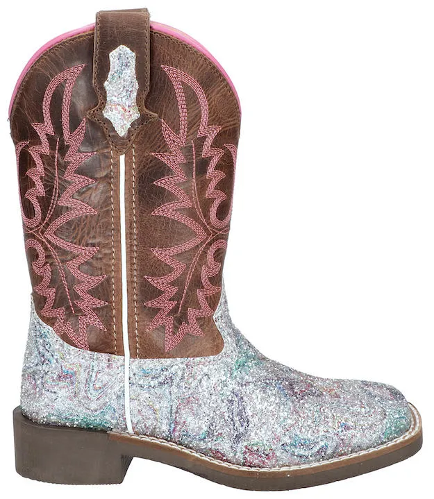 Kids Pastel Ariel Glitter Square Toe Boots with Distressed Brown Tops from Smoky Mountain Boots