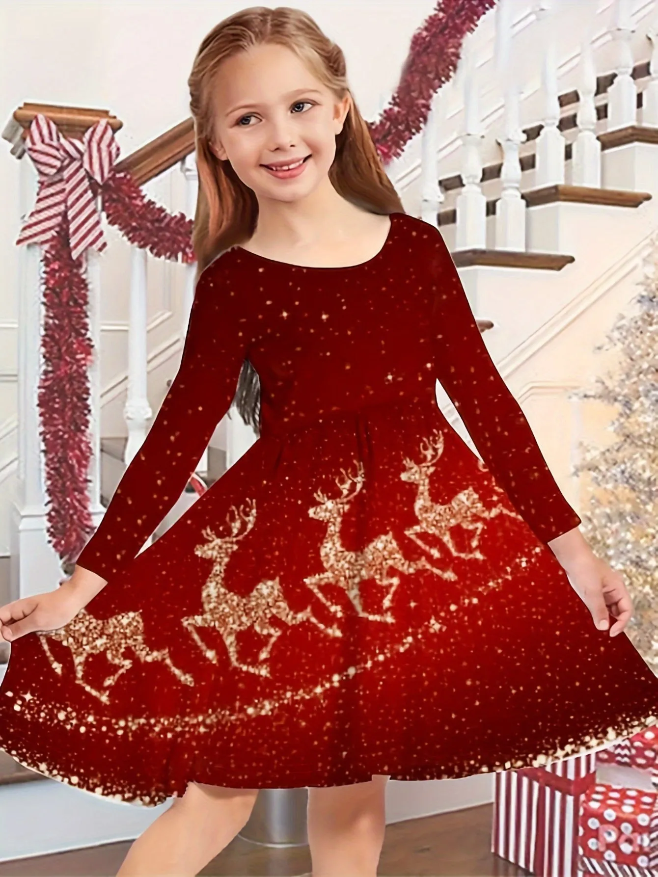 Kids' Reindeer Sparkle Crew Neck Long Sleeve Dress - Soft, Comfy, and Adorable for Spring, Fall, and Christmas - Perfect Gift for Little Girls