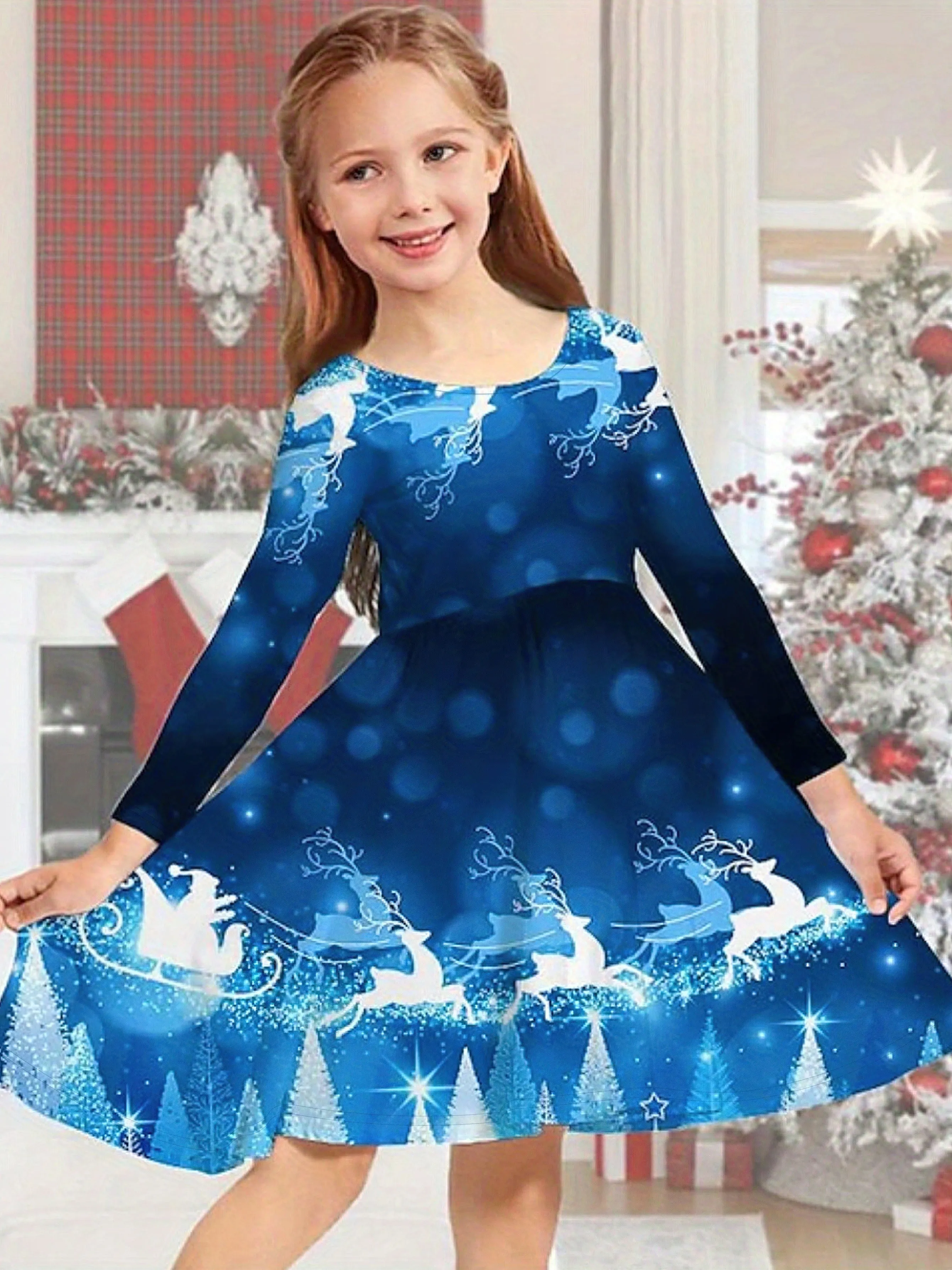 Kids' Reindeer Sparkle Crew Neck Long Sleeve Dress - Soft, Comfy, and Adorable for Spring, Fall, and Christmas - Perfect Gift for Little Girls