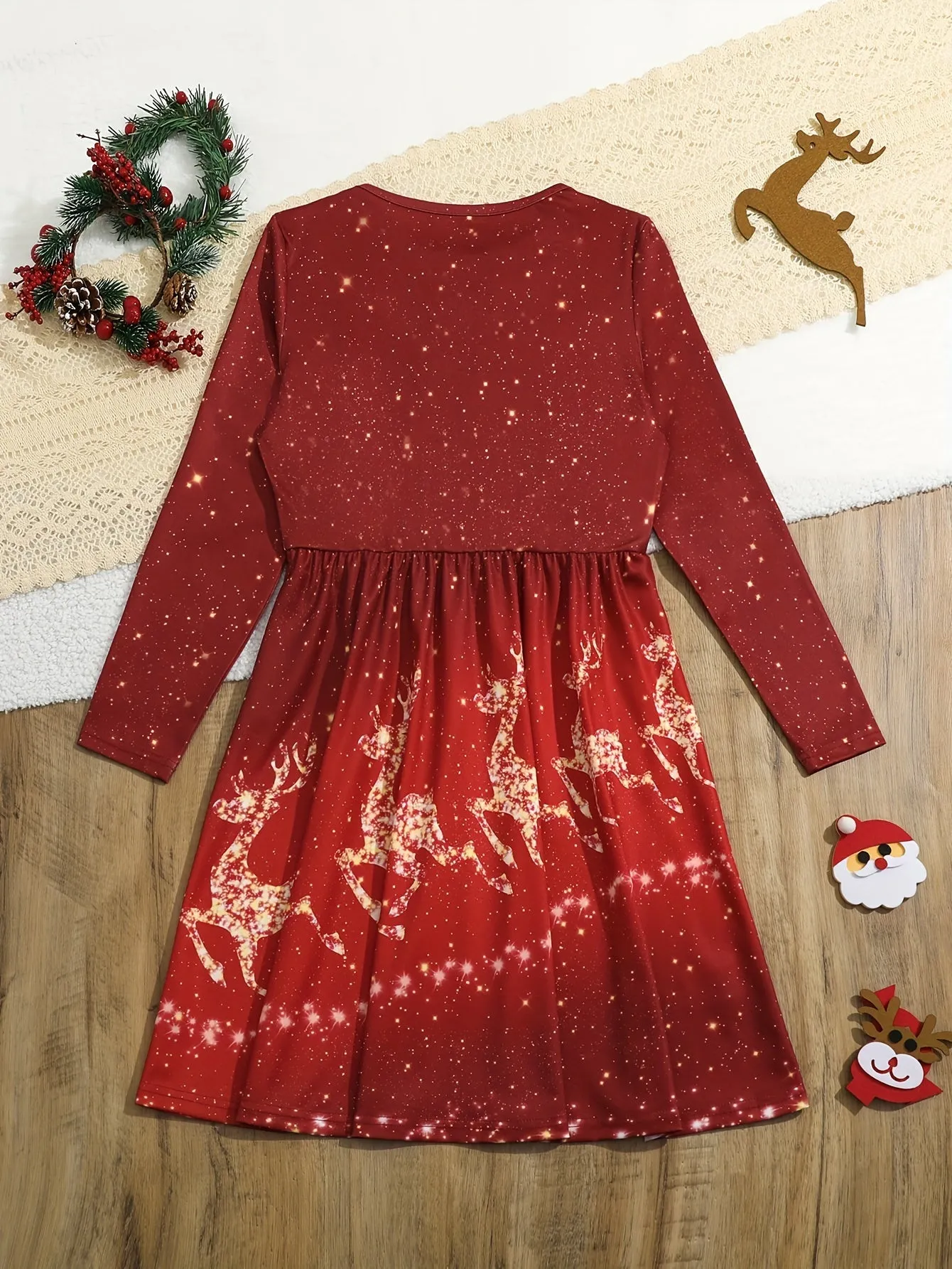 Kids' Reindeer Sparkle Crew Neck Long Sleeve Dress - Soft, Comfy, and Adorable for Spring, Fall, and Christmas - Perfect Gift for Little Girls