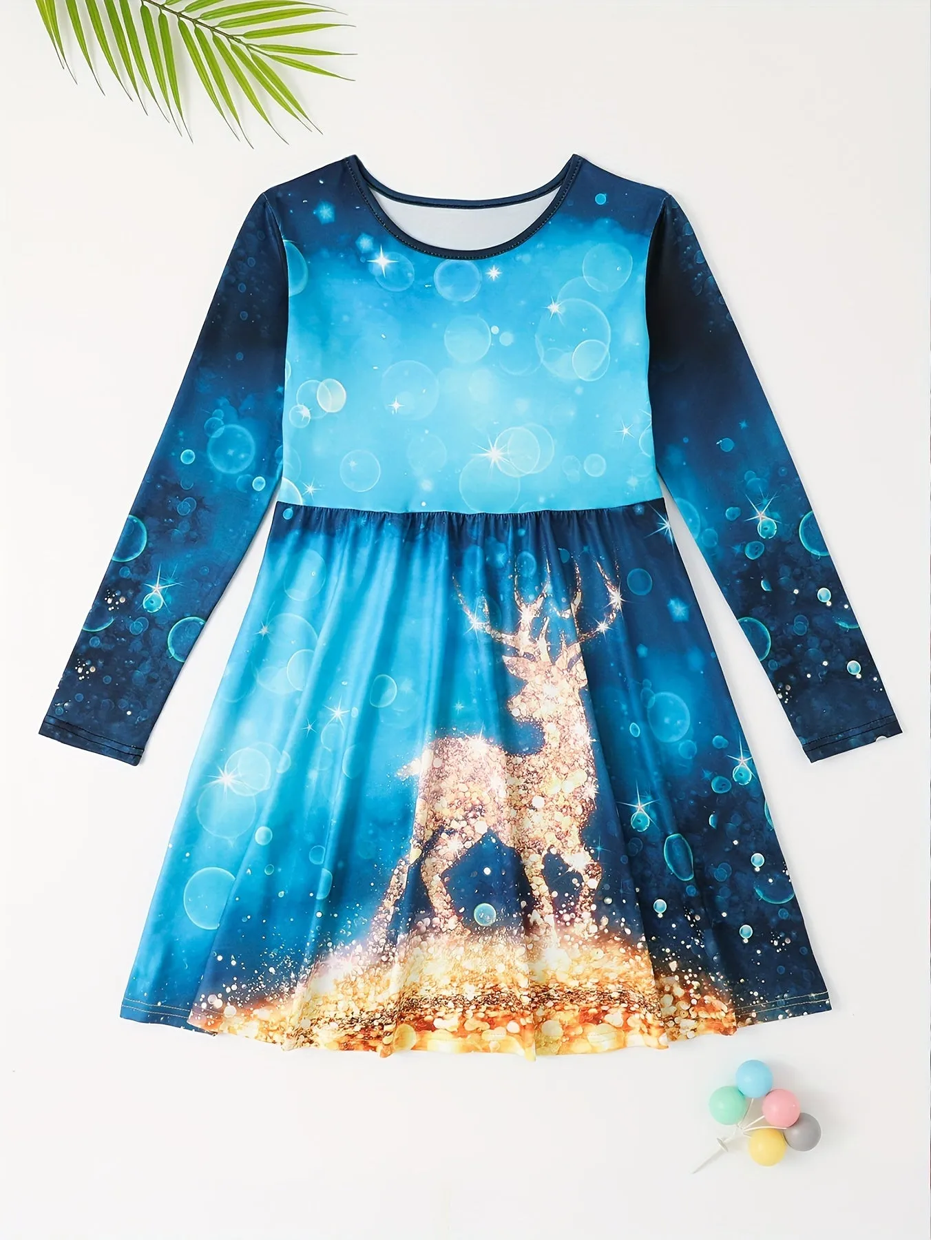 Kids' Reindeer Sparkle Crew Neck Long Sleeve Dress - Soft, Comfy, and Adorable for Spring, Fall, and Christmas - Perfect Gift for Little Girls