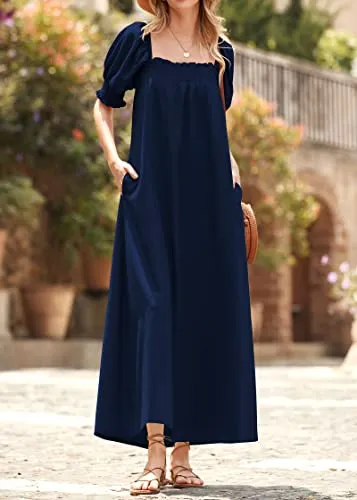 KIRUNDO 2023 Women's Summer Puff Sleeve Square Neck Loose Maxi Dress Pocketed Babydoll Maternity Dress Casual Long Dresses(Navy, Large)