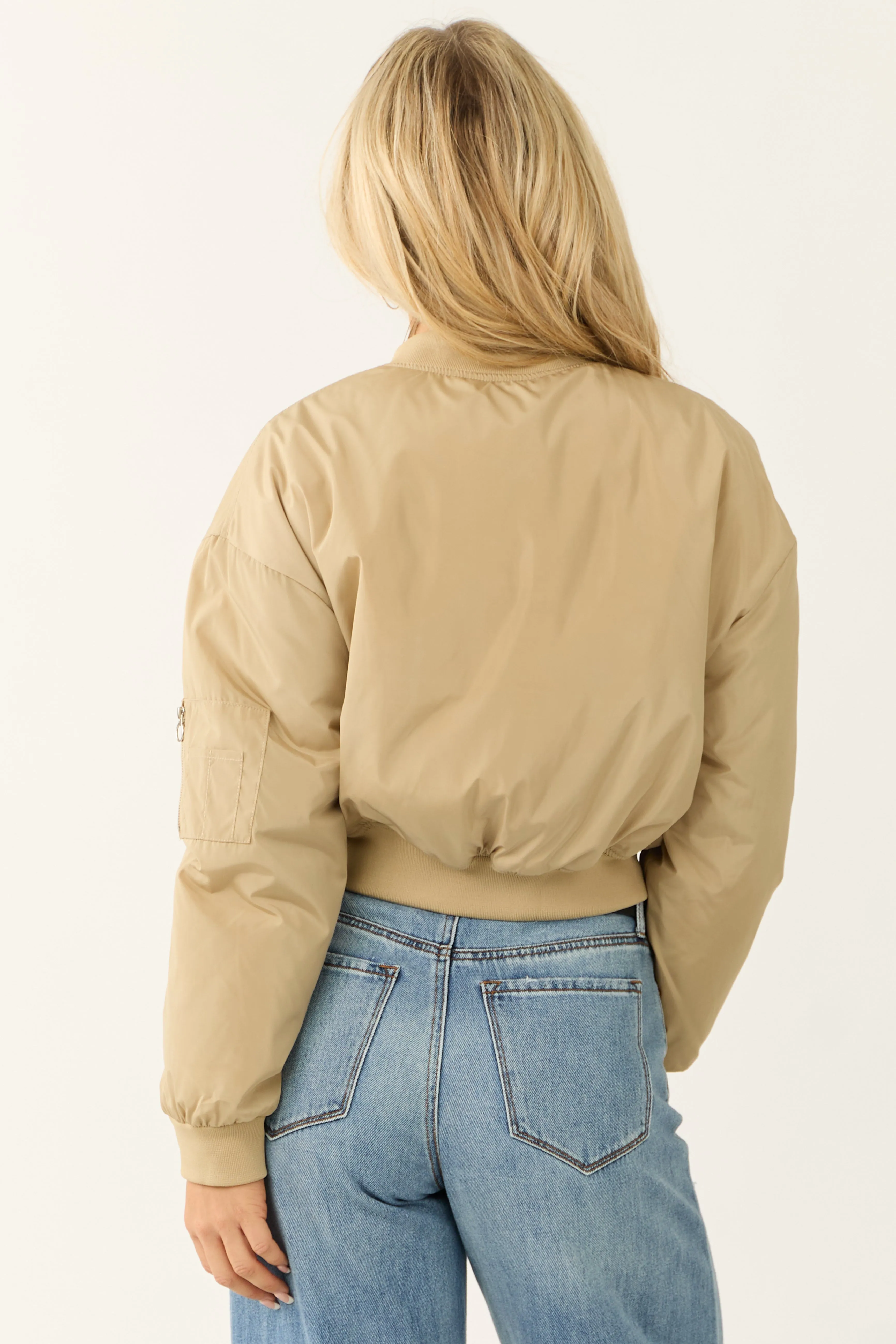 Light Taupe Zip Up Cropped Bomber Jacket