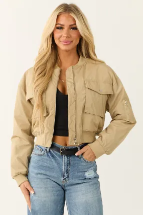 Light Taupe Zip Up Cropped Bomber Jacket