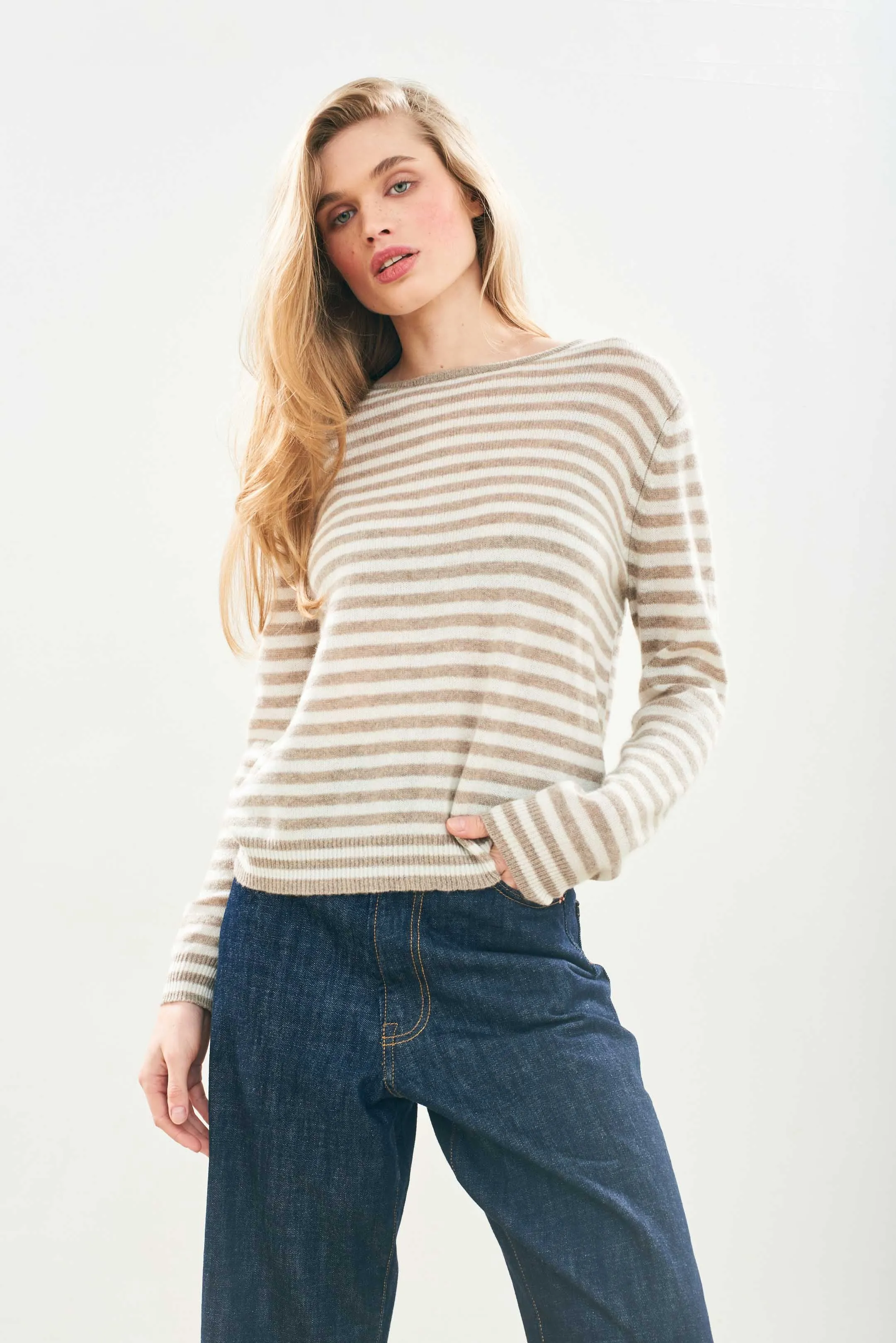 Little Stripe Cashmere Crew in Organic Light Brown and Cream