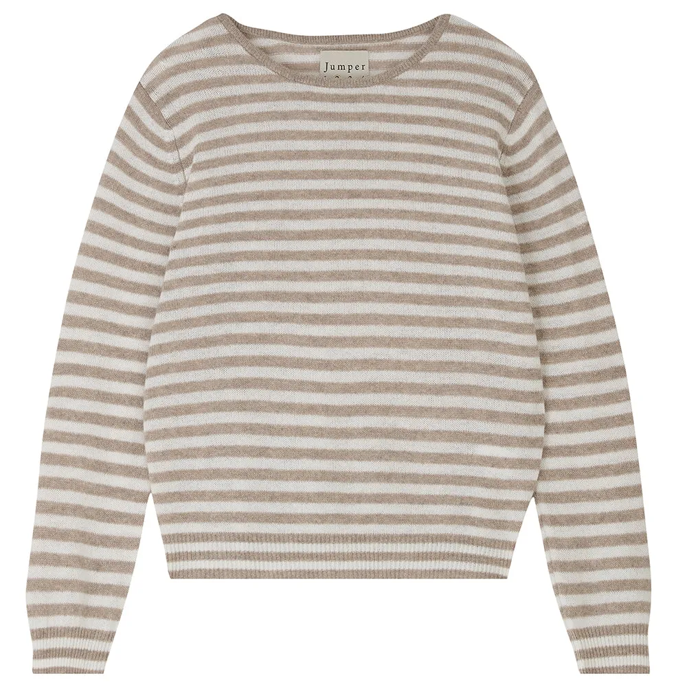 Little Stripe Cashmere Crew in Organic Light Brown and Cream