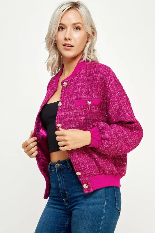 Magenta Metallic Tweed Bomber Jacket