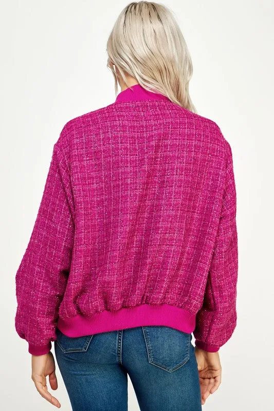 Magenta Metallic Tweed Bomber Jacket