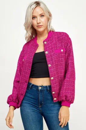 Magenta Metallic Tweed Bomber Jacket