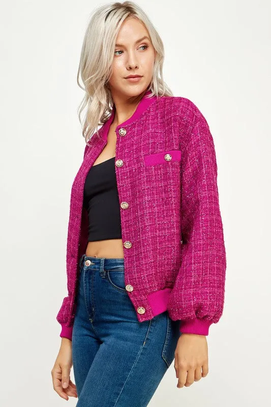 Magenta Metallic Tweed Bomber Jacket