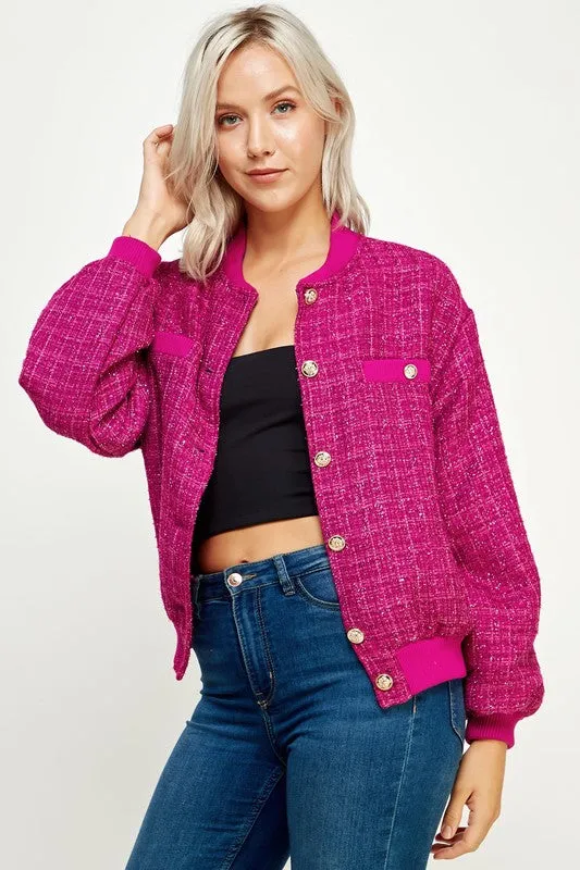 Magenta Metallic Tweed Bomber Jacket