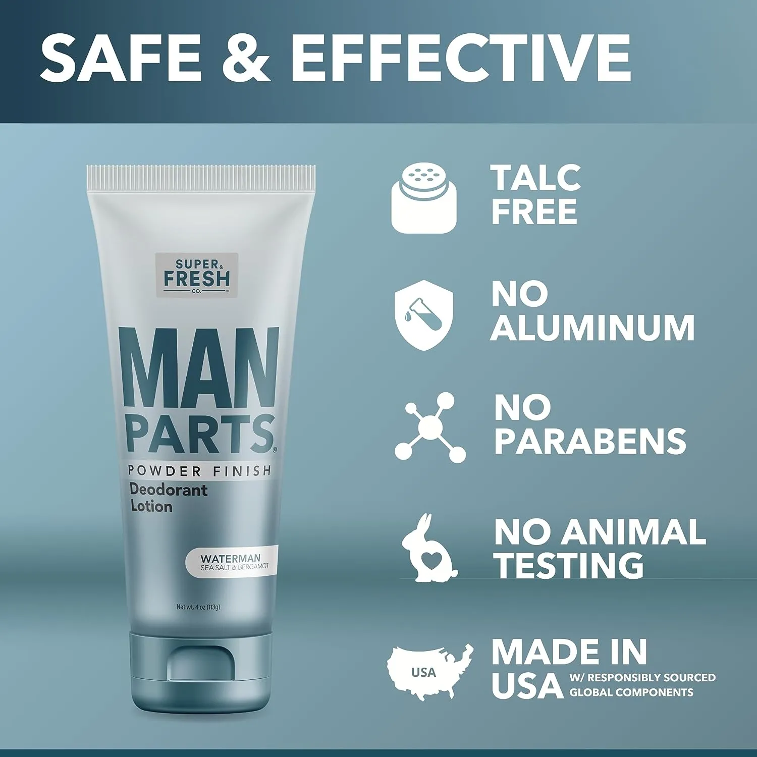 Man Parts - Deodorant for Men - POWDER LOTION - Men's Hygiene Cream for Groin, Butt, & Body - Fresh Control Odor, Anti Chafing, Stop Itch, Absorb Sweat - Aluminum Free - 4 oz Tube