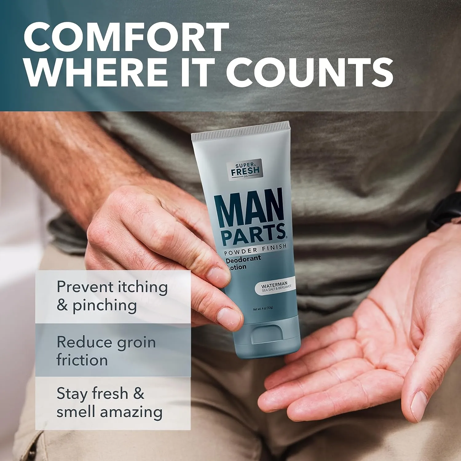 Man Parts - Deodorant for Men - POWDER LOTION - Men's Hygiene Cream for Groin, Butt, & Body - Fresh Control Odor, Anti Chafing, Stop Itch, Absorb Sweat - Aluminum Free - 4 oz Tube