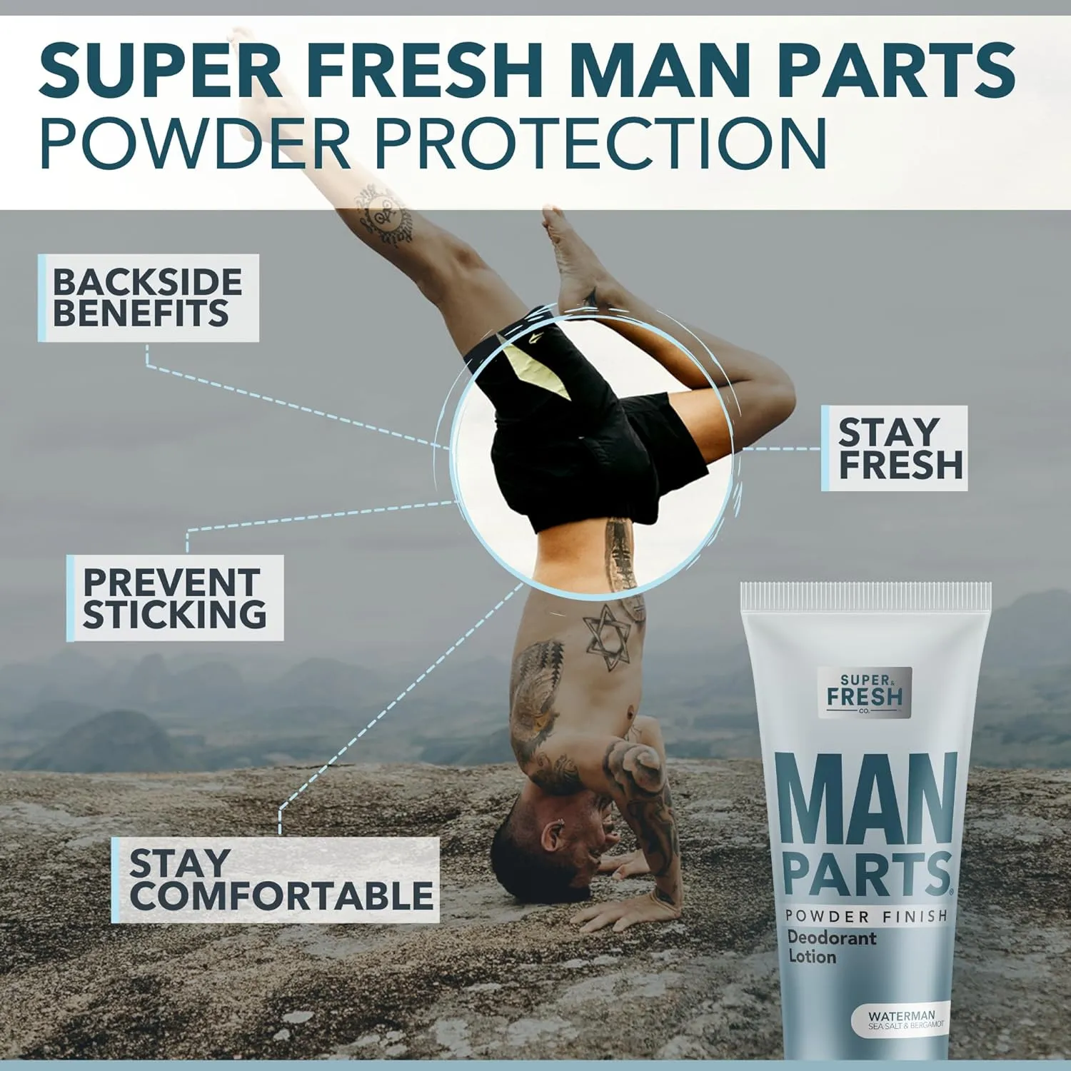 Man Parts - Deodorant for Men - POWDER LOTION - Men's Hygiene Cream for Groin, Butt, & Body - Fresh Control Odor, Anti Chafing, Stop Itch, Absorb Sweat - Aluminum Free - 4 oz Tube