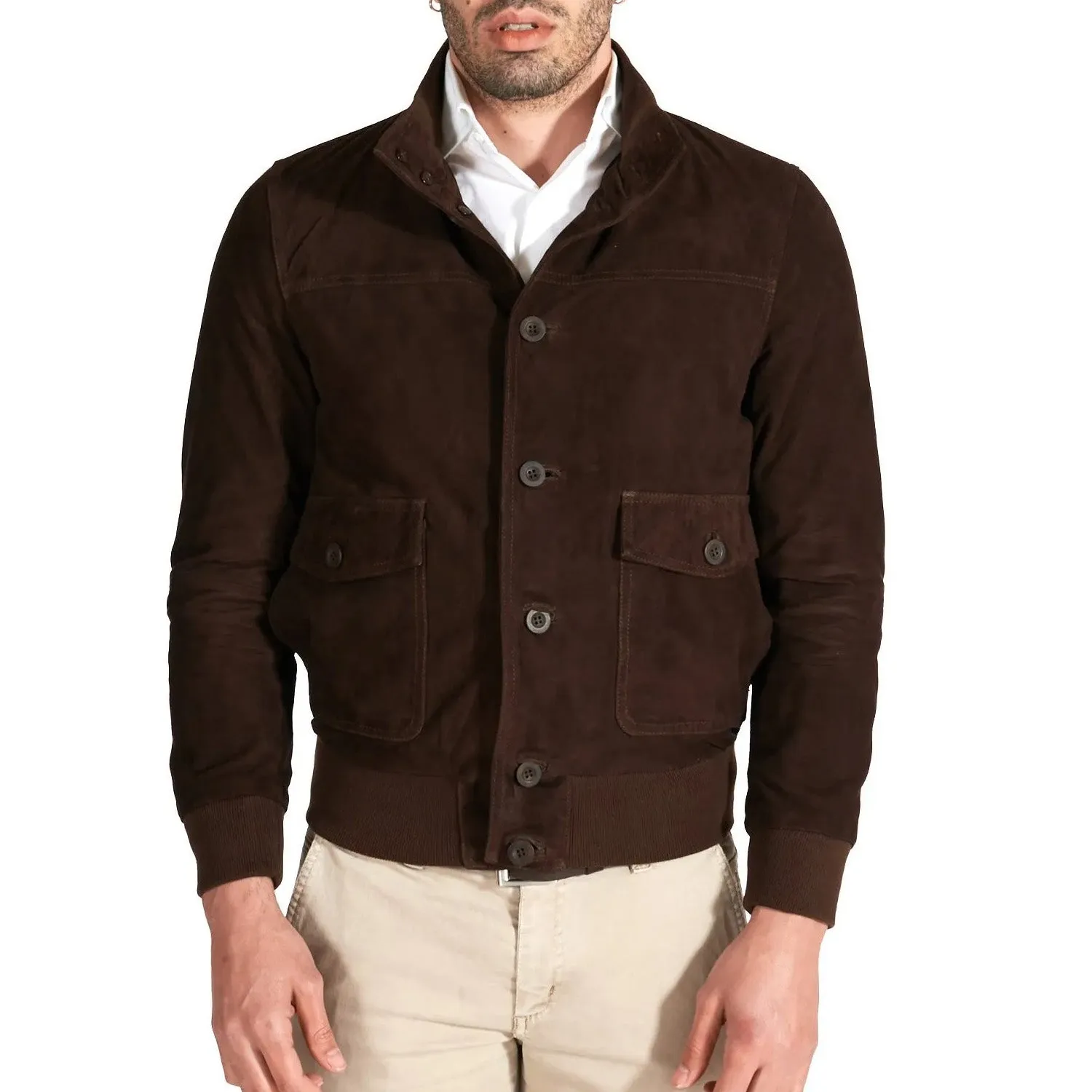 MCKINNON Suede Leather Button Bomber Jacket BROWN