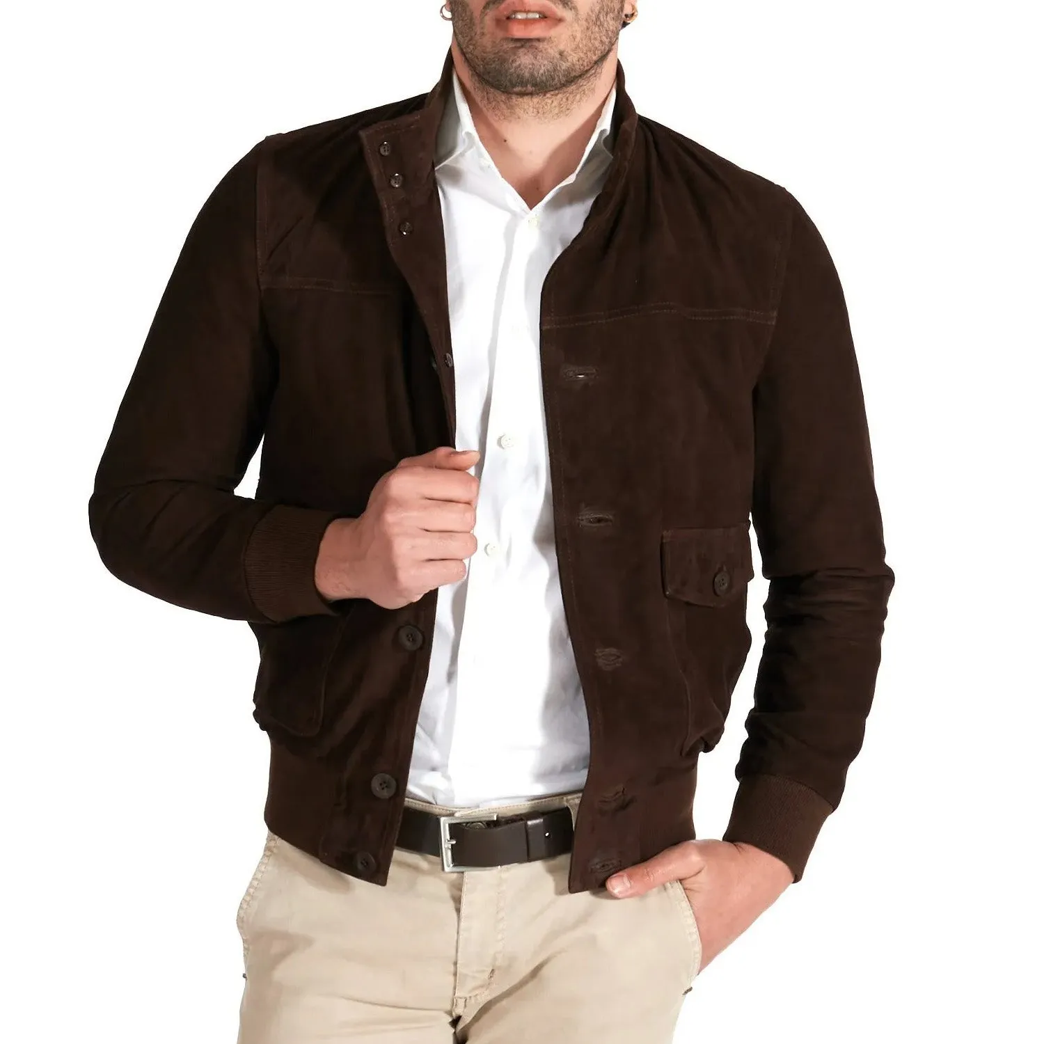 MCKINNON Suede Leather Button Bomber Jacket BROWN