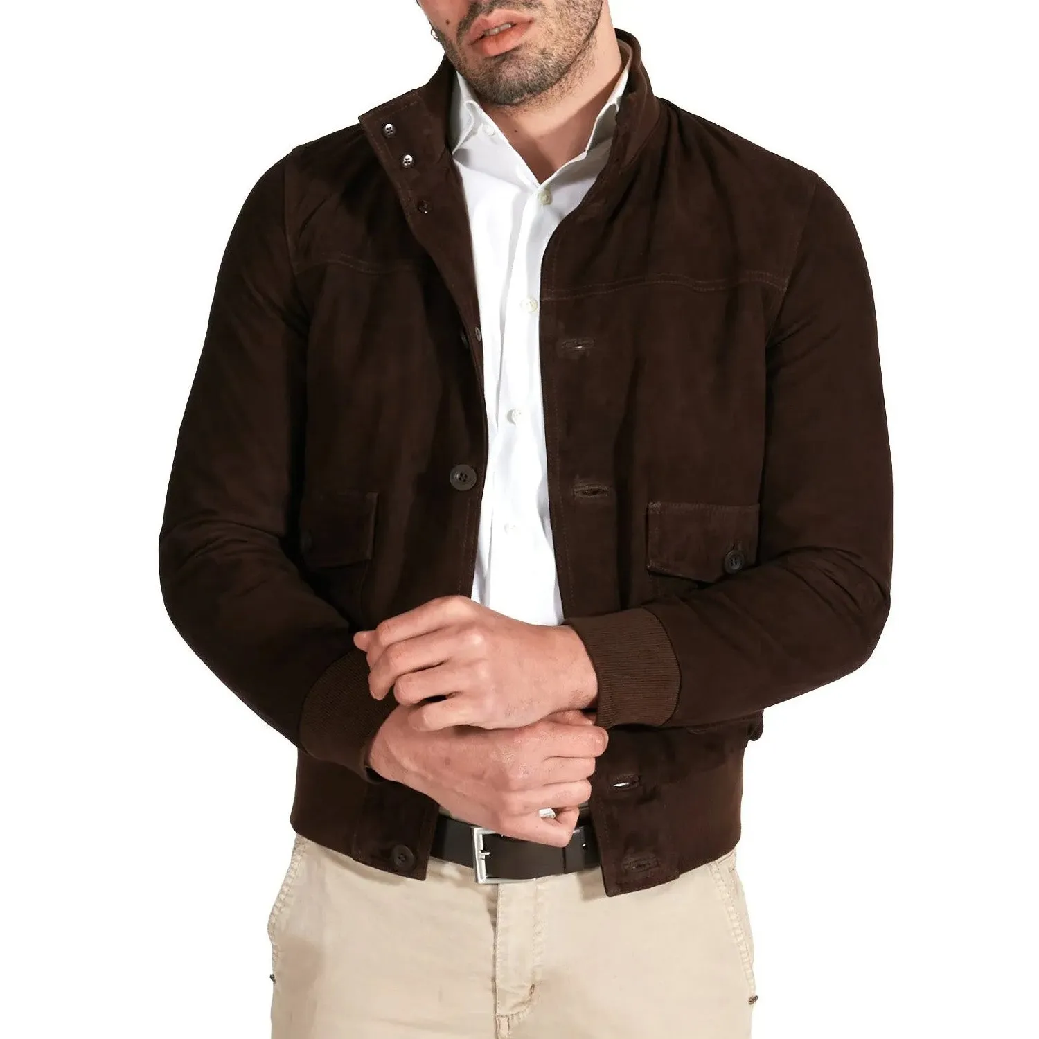 MCKINNON Suede Leather Button Bomber Jacket BROWN