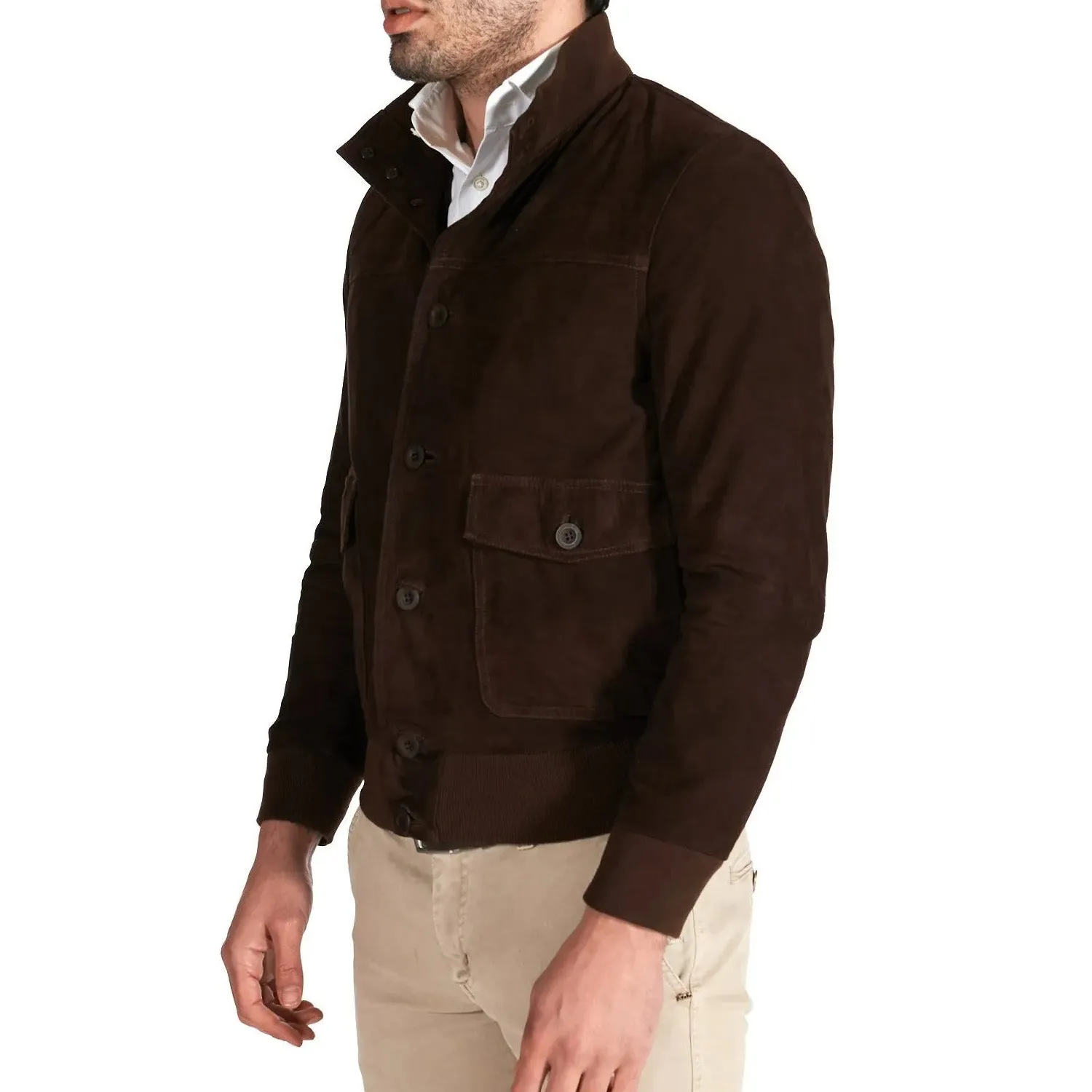 MCKINNON Suede Leather Button Bomber Jacket BROWN