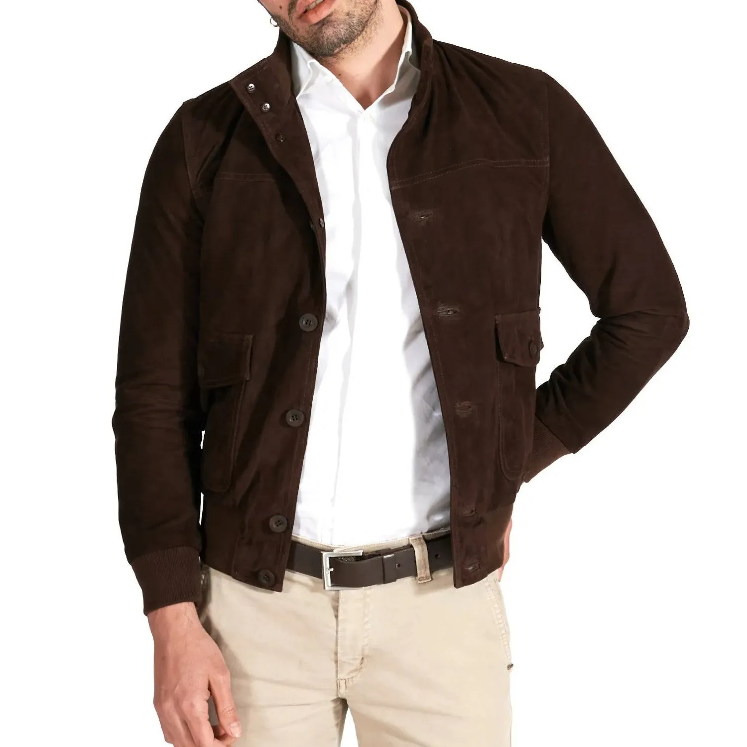 MCKINNON Suede Leather Button Bomber Jacket BROWN