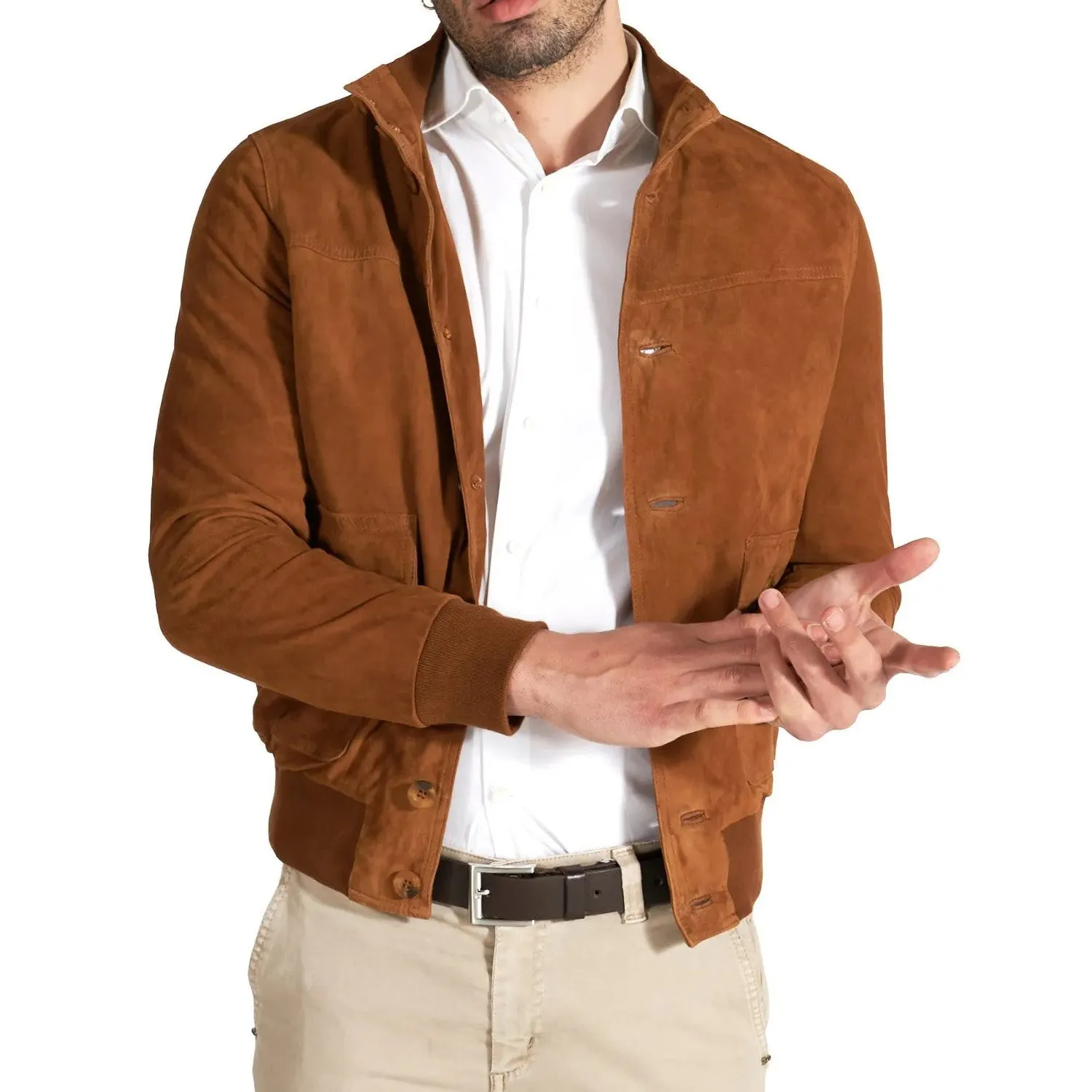 MCKINNON Suede Leather Button Bomber Jacket COGNAC