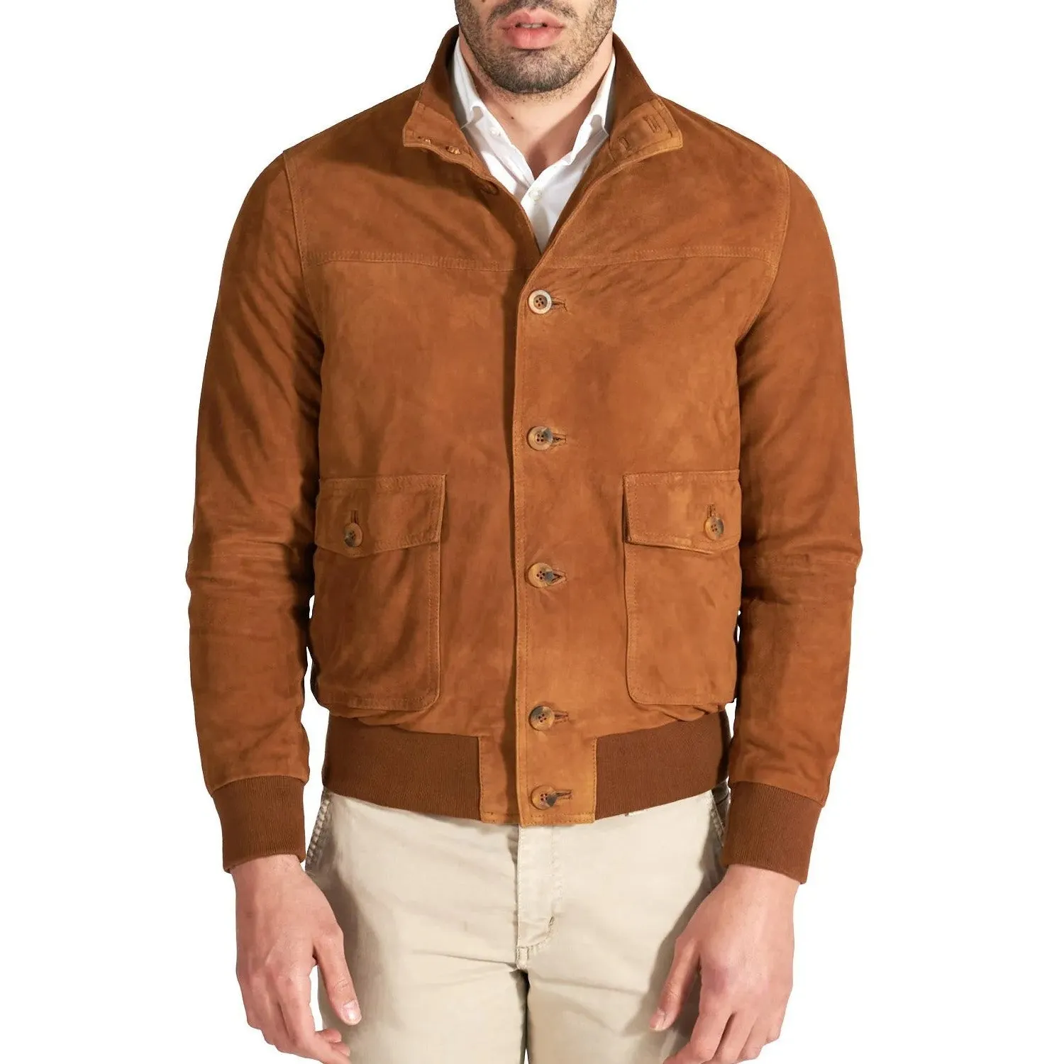 MCKINNON Suede Leather Button Bomber Jacket COGNAC