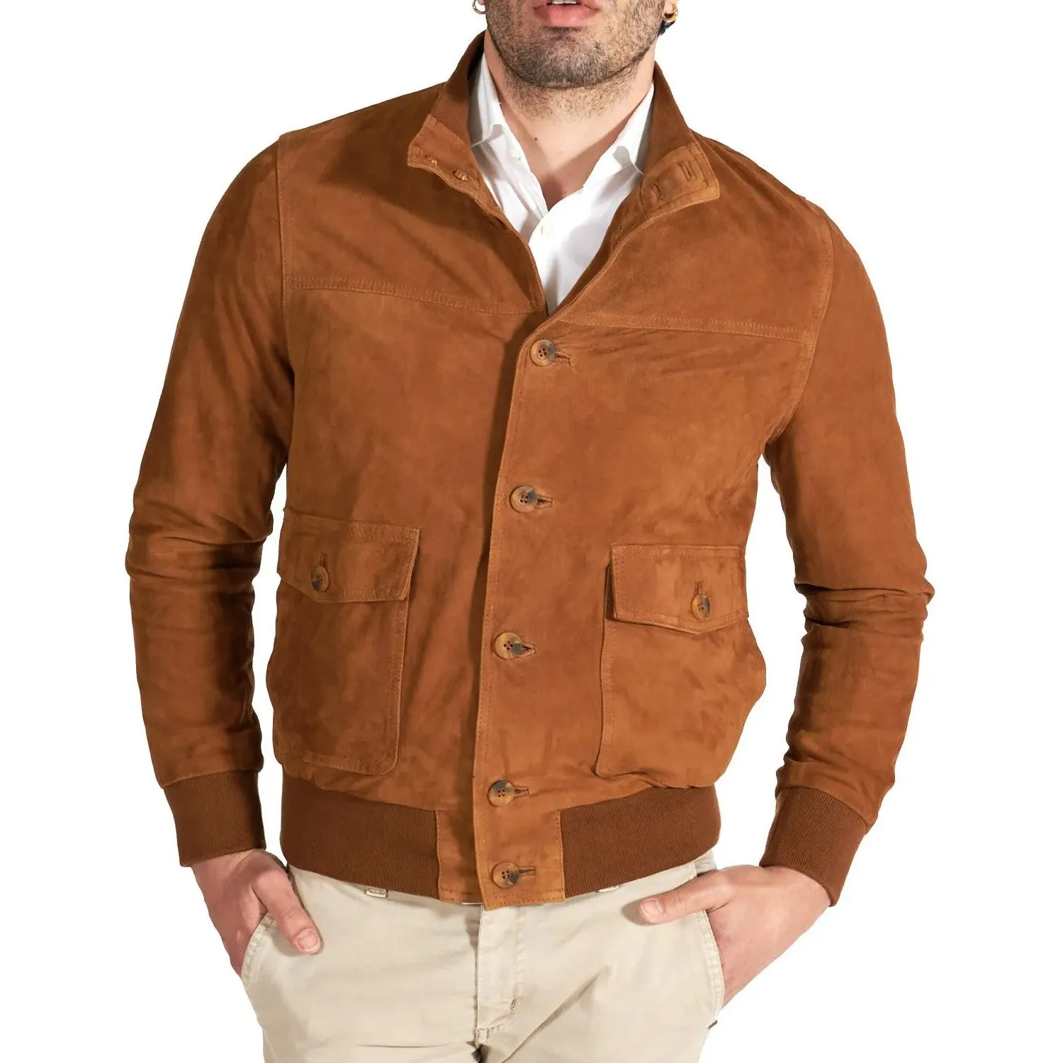 MCKINNON Suede Leather Button Bomber Jacket COGNAC