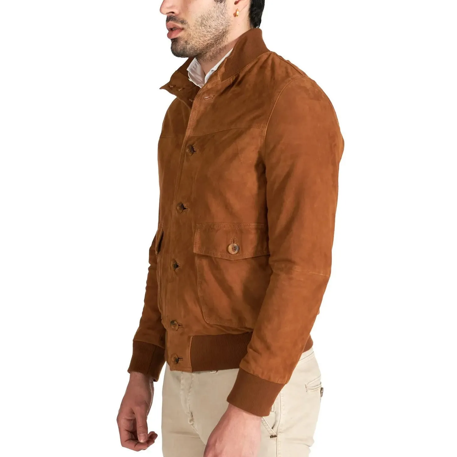 MCKINNON Suede Leather Button Bomber Jacket COGNAC