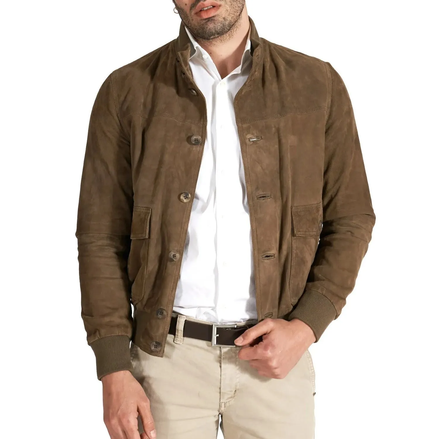 MCKINNON Suede Leather Button Bomber Jacket TAUPE