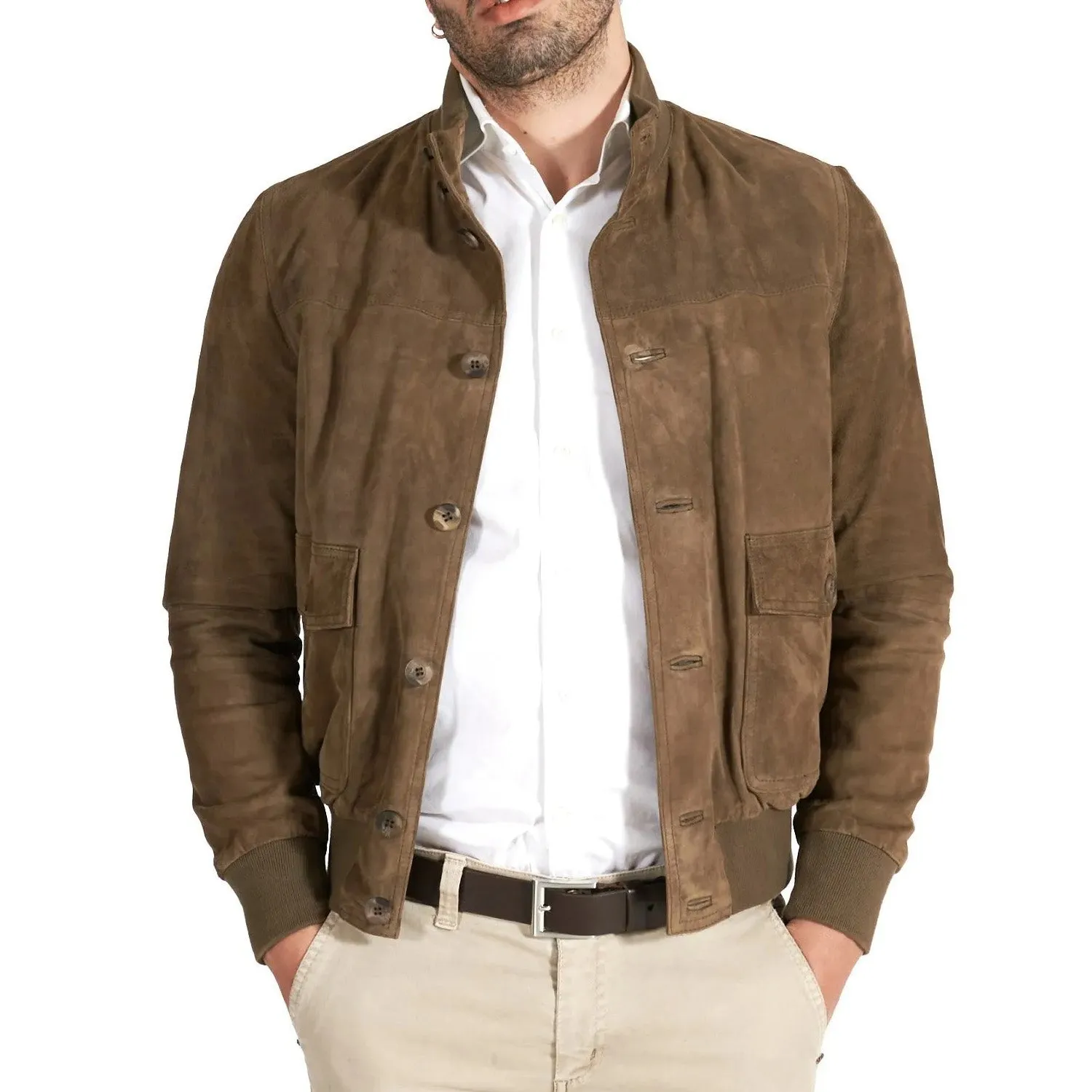 MCKINNON Suede Leather Button Bomber Jacket TAUPE