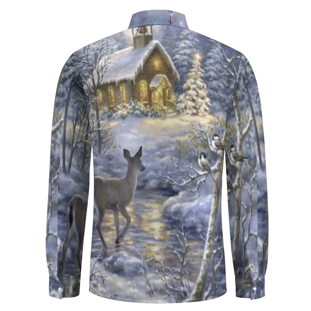 Mens Christmas Reindeer Winter Snow Print Long Sleeve Shirt