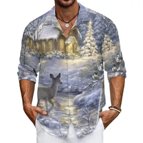 Mens Christmas Reindeer Winter Snow Print Long Sleeve Shirt