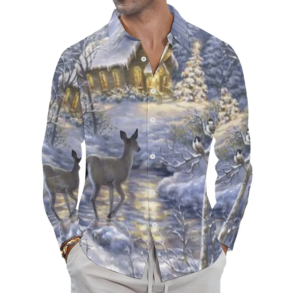 Mens Christmas Reindeer Winter Snow Print Long Sleeve Shirt