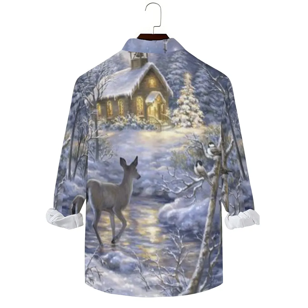 Mens Christmas Reindeer Winter Snow Print Long Sleeve Shirt