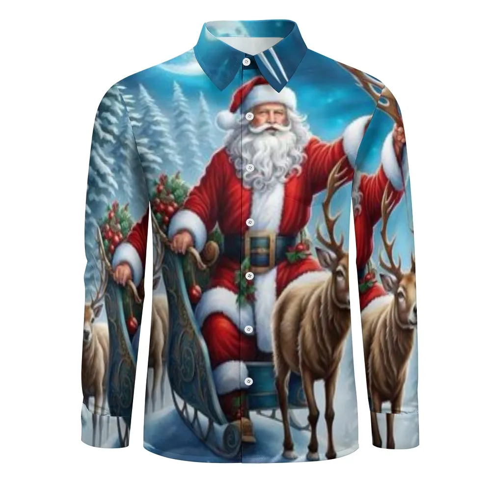 Mens Christmas Santa Claus Reindeer Print Long Sleeve Shirt