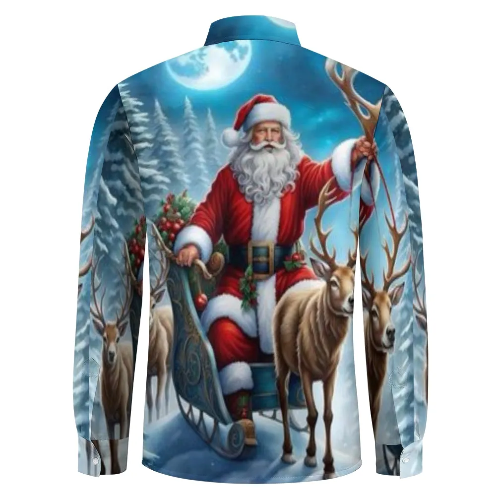 Mens Christmas Santa Claus Reindeer Print Long Sleeve Shirt