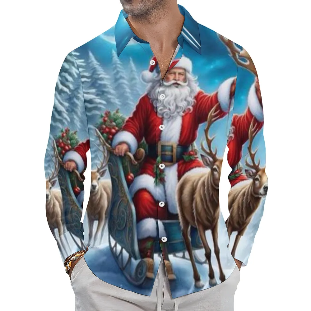 Mens Christmas Santa Claus Reindeer Print Long Sleeve Shirt