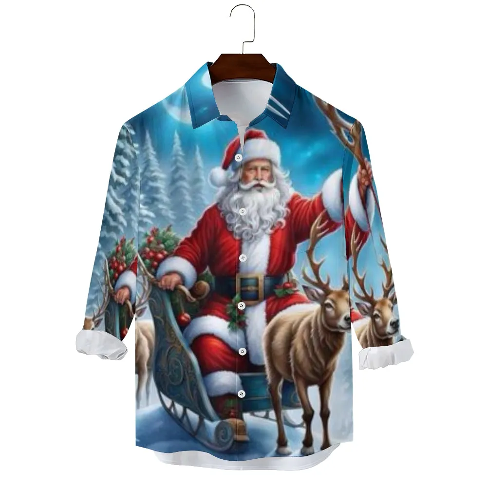 Mens Christmas Santa Claus Reindeer Print Long Sleeve Shirt